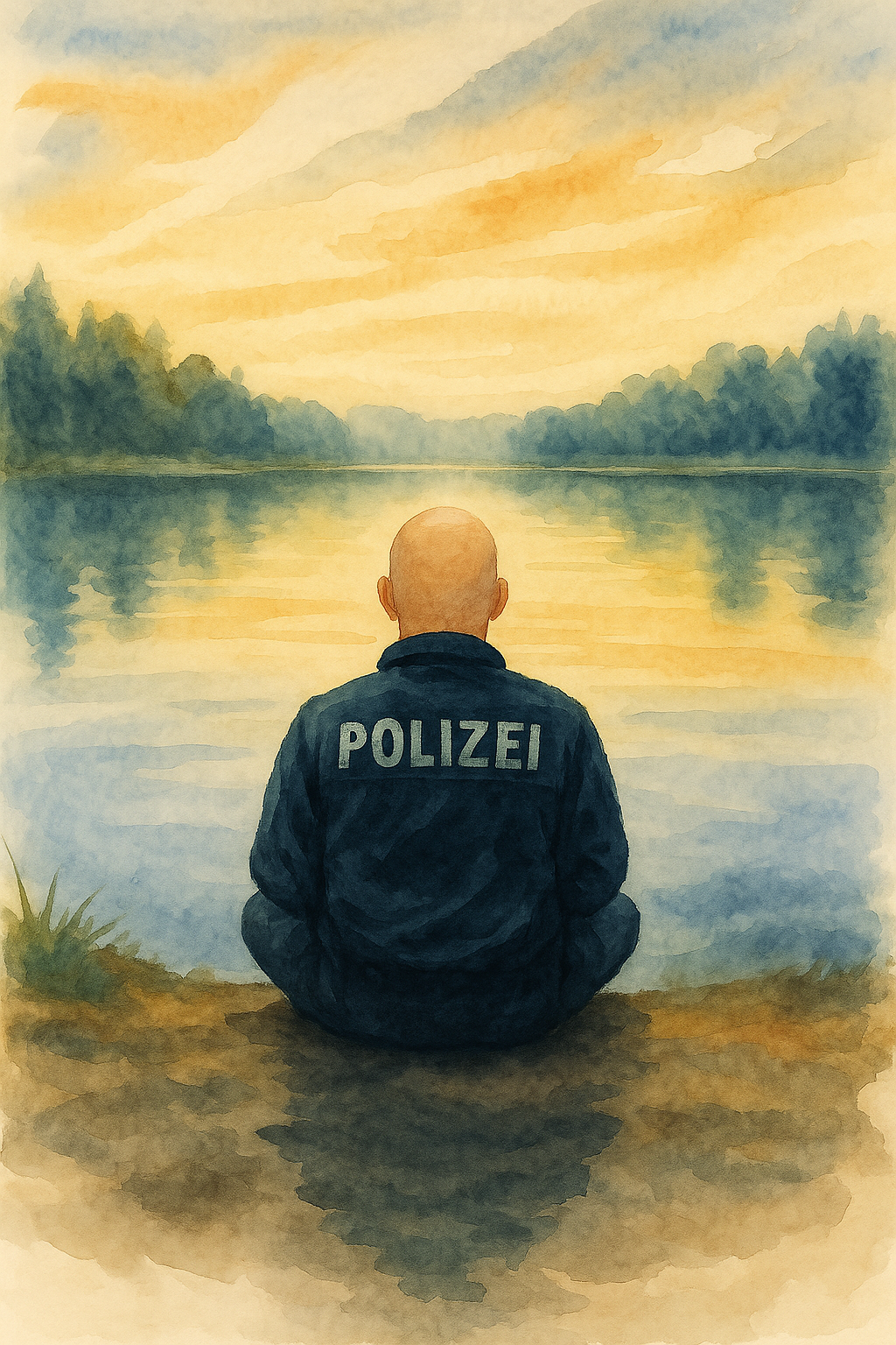 Aquarell eines Polizisten in ruhiger Haltung an einem See